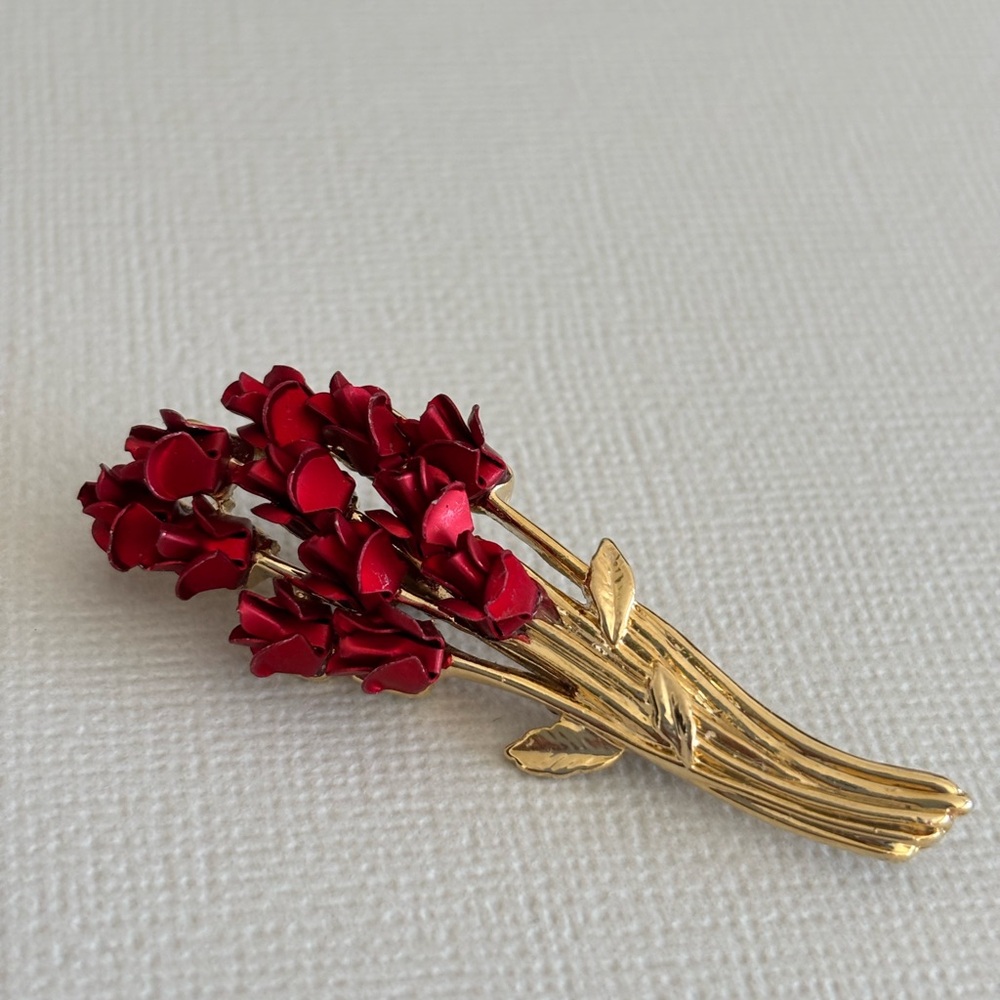 Vintage Chic Red and Gold Floral Bouquet Brooch David Monn for Avon